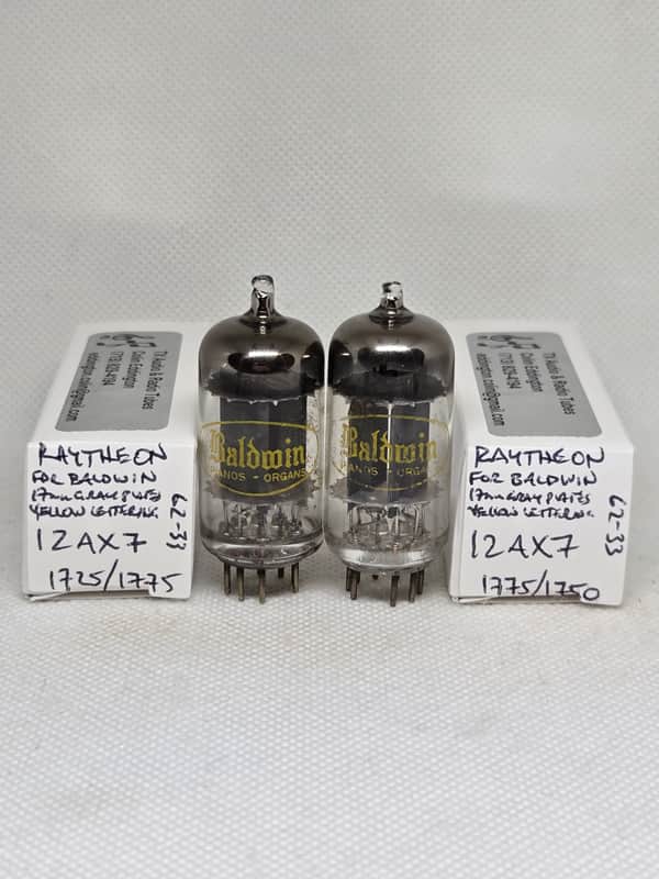 Raytheon Made For Baldwin 1962 12AX7 Long Gray Plate Well Matched (2.8%) Pair NOS ECC83 12AX7A image 1