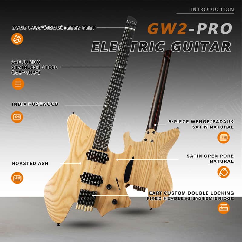 Eart GW2-Pro Headless Electric Guitar, Roasted Ash Body,24F Rounded Ends Jumbo Stainless Steel Bild 1