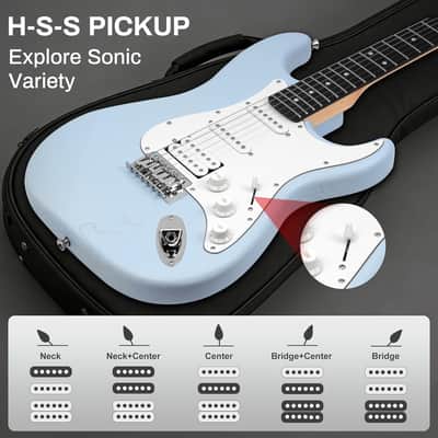 39 Inch Electric Guitar with HSS Pickups & Single-Coil Tremolo System - with 5W Amp, Techwood Fingerboard, C-Shaped Satin Neck, All Accessories Included Gig Bag, Tuner, String, Capo, Strap image 2