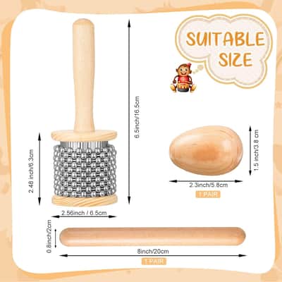 5 Pcs Wooden Hand Percussion Instrument Set Mini Wooden Cabasa with Stainless Steel Breads Musical Latin Instrument Classical Wood Percussion Claves Rhythm Sticks Egg Shakers for Adult image 2