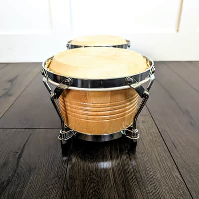 Vintage Latin Style Siam Oak Wood Bongos Hand Drum Percussion Natural Gloss Lacquer Shell Traditional Afro Cuban Rims Chrome Professional Grade image 2