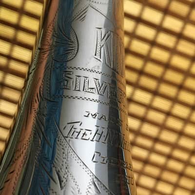 BLOW OUT DEAL KING SILVERTONE CORNET 1949 STEARLING SILVER MARKED  GREAT valves LOVELY GREAT YR. PLAYER need some attention image 17