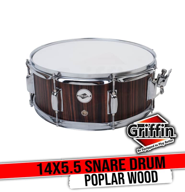 GRIFFIN Snare Drum – 14" x 5.5" (PoplarPro Edition) Wood Shell with Black Hickory PVC, Coated Head, Snare Throw Off, Key & 8 Tuning Lugs image 1