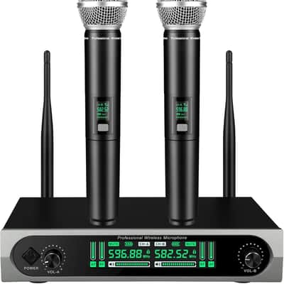 Wireless UHF Microphone System,W/2 Handhelds,Auto Scan,2x50 UHF Frequencies,200ft Range,Dynamic Microphone for Singing,Karaoke,Church image 1