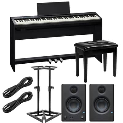 Roland FP-30X Digital Piano with Speakers (Black), KSC-70 - KPD-70, Bonnlo Padded Bench, Presonus Eris3.5, Monitor Stands, (2) 1/4 Cables Bundle