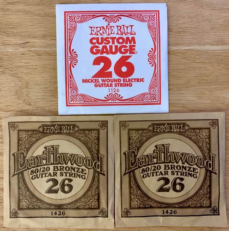 Three Single .026 Gauge Guitar Strings (Ernie Ball) 2 Bronze, 1 Nickel-wound image 1