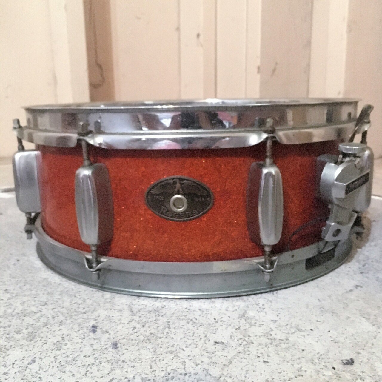 Rogers Holiday Snare Drum14x5"Red Sparkle Eagle Badge Vintage 50s Jasper Maple* — main photograph
