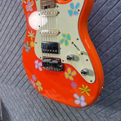Schecter Nick Johnston "Thumper" FretWerx In-USA Setup and Fret Polish 2020's HSS - Orange w/ Custom Vinyl Flowers image 2