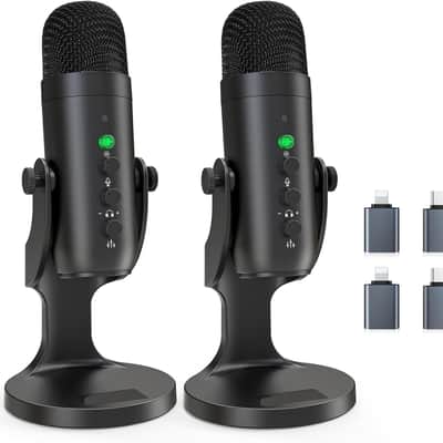 Podcast Microphone, Podcast Equipment Bundle for iPhone PC iPad Android, Dual Wireless USB Mic 2.4GHz with Noise Reduction, Tap to Mute, Monitor Gain for Streaming, Recording, YouTube,TikTok image 1