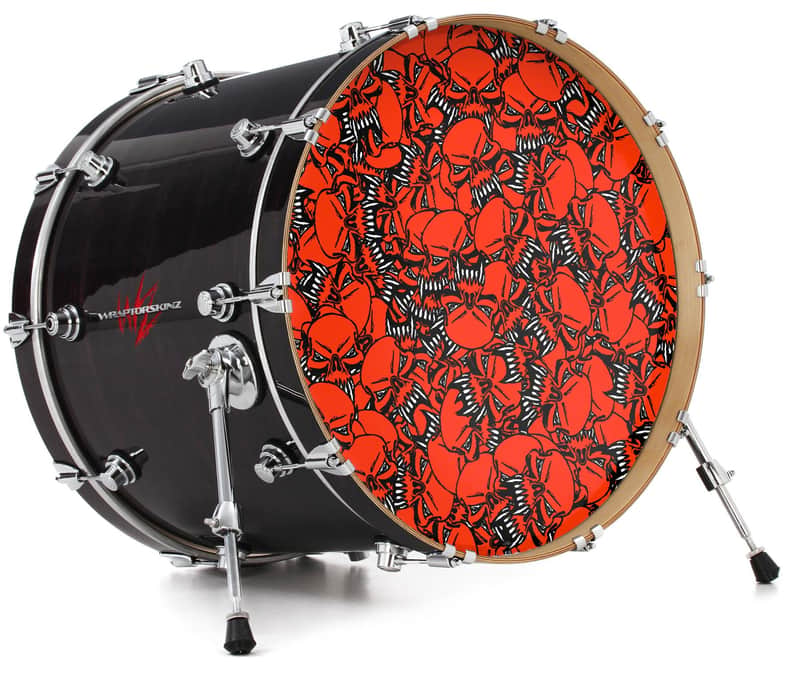 Skin Decal fits 26" Bass Kick Drums Scattered Skulls Red image 1