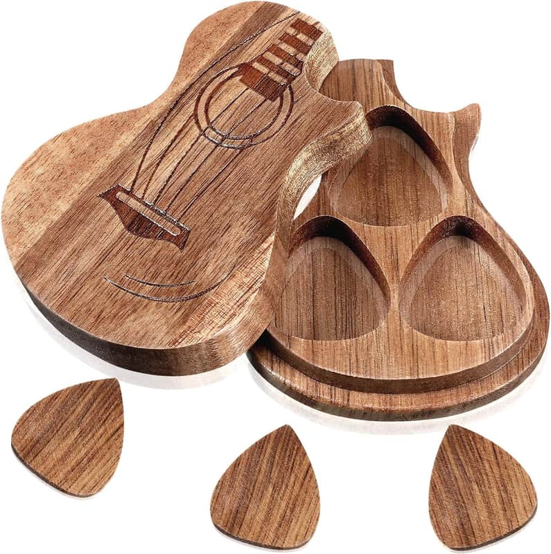 Guitar Pick Box Holder with 3 Pcs Wooden Guitar Picks, Wooden Collector Engraved Guitar Pick Box Classical Triangle Guitar Picks for Present Music Instrument Guitar Bass image 1