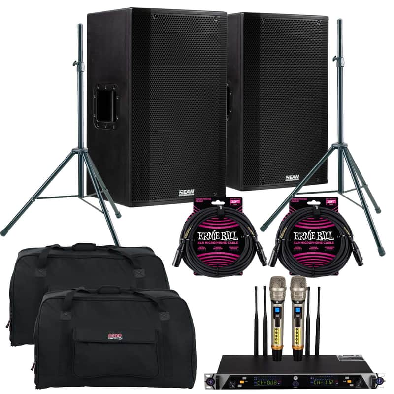 (2) EAW LA151 - 15″ 1500W 2-Way Active Speaker, PSG Wireless Mic UGX21II, (2) Speaker Stand, (2) Gator Tote15, (2) ErnieBall XLR Cables Bundle image 1