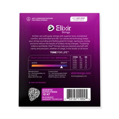 Elixir Nanoweb 80/20 Bronze 10-47 Acoustic Guitar Strings [11002] image 4