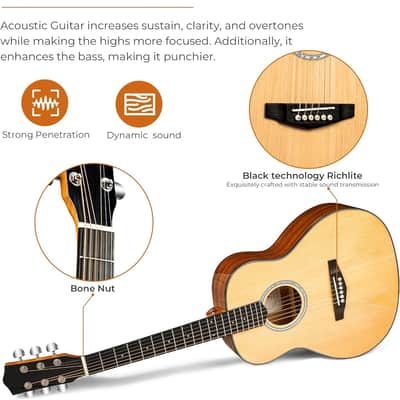 3/4 Steel-String Acoustic Guitar, 36 Inch Acustica Guitarra Starter Bundle with Gig Bag Tuner Capo for Beginner Adult Teen, Natural image 7
