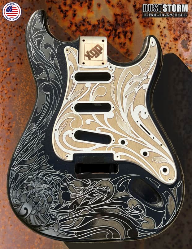 Glossy Black XGP Stratocaster Style Laser Engraved Guitar Body with Cherry Wood Veneer Pickguard and Tremolo Cover HSH, HSS, SSS Setups Available image 1