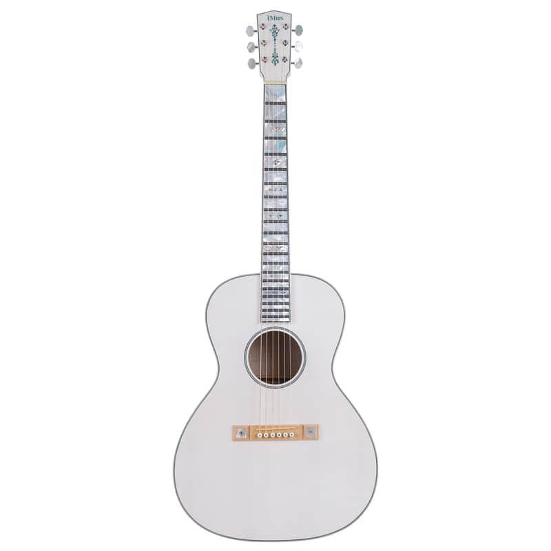 iMus i00-Size Handcrafted Acoustic Guitar - Adirondack Spruce Top with Flamed Maple Back and Sides - 90-Day Build,Ebony Fretboard Abalone Inlay - Stage and Studio Pro - Gloss White -Chinese Mother-of-Pearl Inlay Art image 1