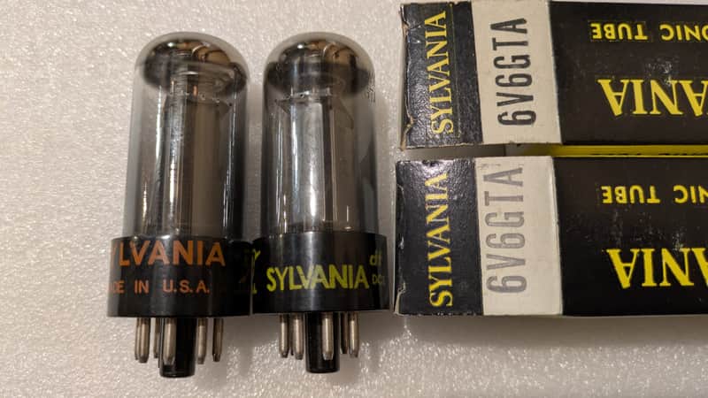 6V6GTA Sylvania NOS NIB Matched Pair Tubes Gray Glass Black Plate Silver Tops Top Halo Getter image 1
