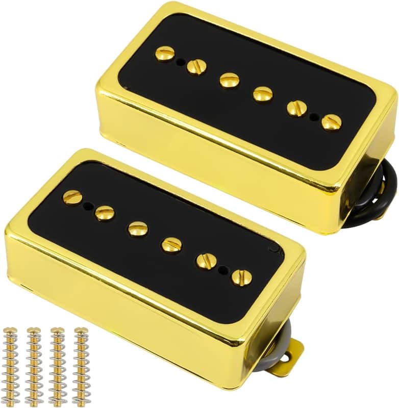P90 Pickup Set,Alnico V Single Coil Bridge & Neck Pickups for Les Paul P90 Style Humbucker Size Electric Guitar (Black golld) image 1
