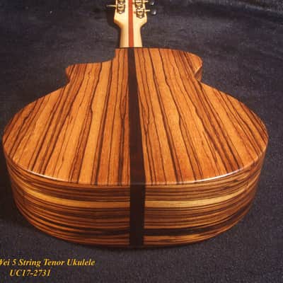5 String Tenor Ukulele, Handmade Solid Acacia, Zebra wood, Cutaway, Soft-bag, Bruce Wei UC17-2731 image 9