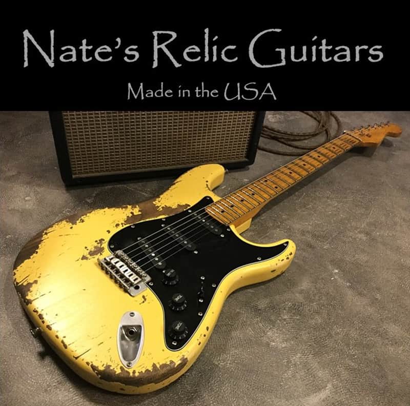 USA Relic Strat Style Electric Guitar Road Worn Yellow by Nate's Relic Guitars