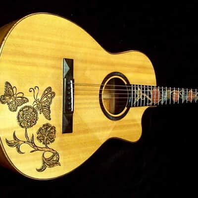 Acoustic Parlor Cutaway Guitar Handmade by Blueberry Butterflies Motif image 12