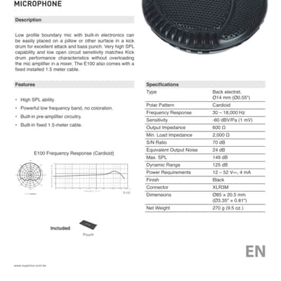 SUPERLUX E100 Boundary Bass Drum Microphone - NEW - Includes Cable and Pouch image 5