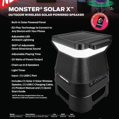Monster MNSOLX-BLK | Solar X Outdoor Wireless Solar Powered Speaker. New with Full Warranty! image 4