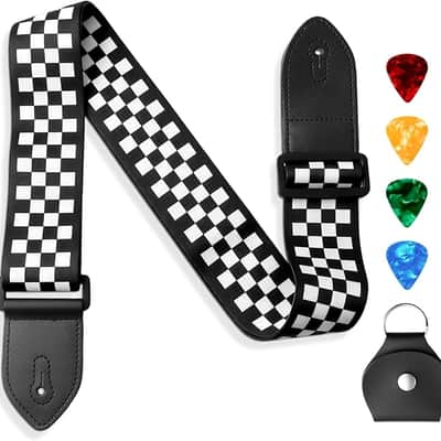 Black & White Checkered Guitar Strap w/ Leather Pick Holder & 4 Picks for Acoustic Electric Bass Guitar image 1