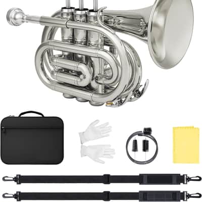 Pocket Trumpet for Beginners Students - Nickel Plated Bb Flat Mini Brass Trumpet Full Kit with 7C Mouthpiece, Hard Case, Gloves & Cleaning Kit image 1