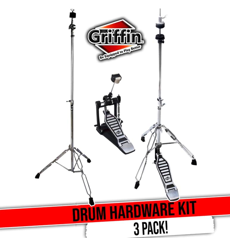 GRIFFIN Drum Hardware Kit (Percussion TiltPro X Edition) 3 Pack – Hi-Hat Stand, Bass Kick Pedal & Cymbal Stand – Chrome Full Size Set for Portable Gigging Drummers image 1
