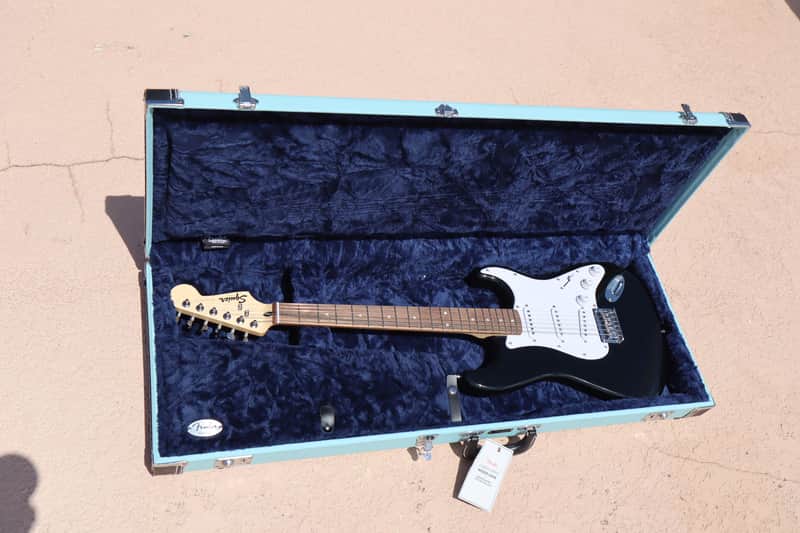 Squier Stratocaster Black Electric Guitar & Fender Mint Green Hard Case image 1