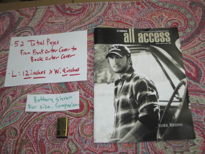 rarely handled, near A+ Yamaha All Acess Magazine (The Backstage Guide to the World of Yamaha), Winter 2013, Number 24 - Luke Bryan on cover, [52 total pages - front outer cover - back outer cover] quality paper, mostly color pages, some B&W, L 12" x W 9" image 1