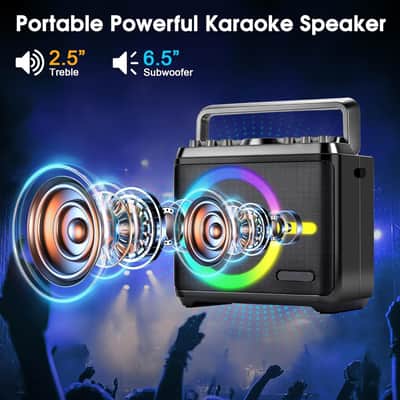 Karaoke Machine, Bluetooth Speaker with 2 Wireless Microphones, Portable Voice Amplifier PA System for Adults Kids with LED Lights Support Bass/Treble Adjustment, TF Card/USB, REC for Home Party image 2