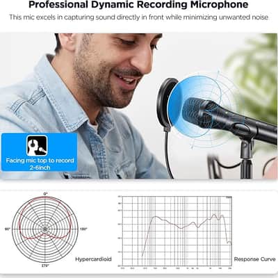 XLR/USB Dynamic Recording Microphone for Singing, Metal Studio Music Recording Microphone with Mic Gain, Desktop Stand, Pop Filter, Headphone Jack, for PC, Audio Interface, Mixer, for YouTube Video image 2
