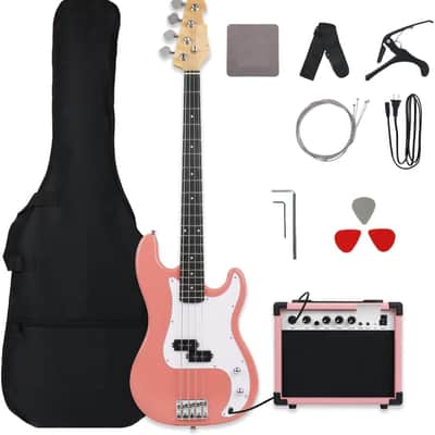 Full Size 4 Four String Electric Bass Guitar 20W Amplifier Amp Right Hand Beginner Starter Kit Set Combo Bundle Accessory Gig Bag,Strap,Picks,Capo,Noiselss Cable,Strings (Pink) image 1