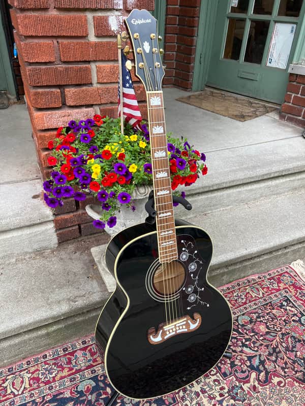 2005 MIK Epiphone EJ-200 EB “Jumbo” Acoustic Guitar ~ Shiny Gloss Ebony Finish, Mustache Bridge, Decorated Fretboard *SALE* image 1