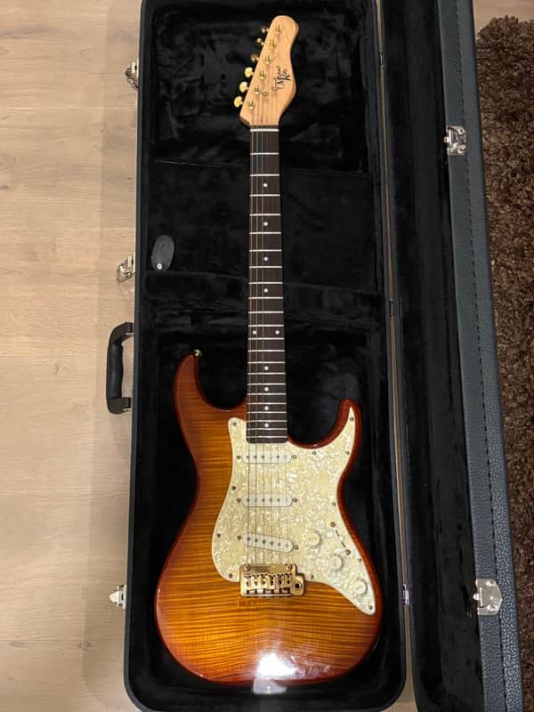 Michael Kelly Flame Top SSS Strat-Style Electric Guitar - Cherry Burst, Gold Hardware image 1