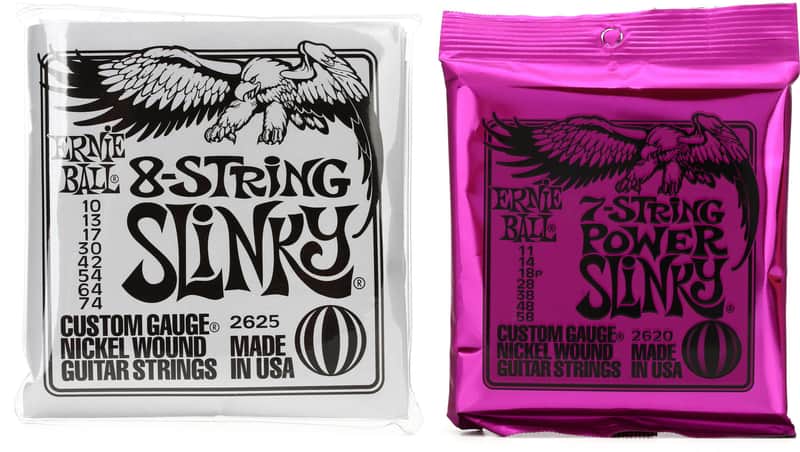 Ernie Ball 2625 Regular Slinky Nickel Wound Electric Guitar Strings - .010-.074 8-string  Bundle with Ernie Ball 2620 Power Slinky Nickel Wound Electric Guitar Strings - .011-.058 7-string image 1
