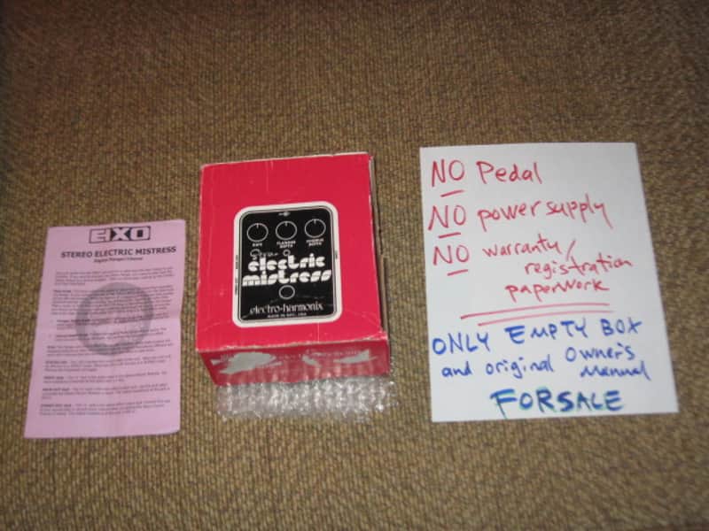 visibly used condition genuine Electro Harmonix EMPTY CARDBOARD BOX +orig Owner's Manual ONLY for EXO Stereo Electric Mistress (NO pedal, NO power supply, NO warranty/registration paperwork) 2010s, OUTER AREAS pink / GRAPHIC black & white, white image 1