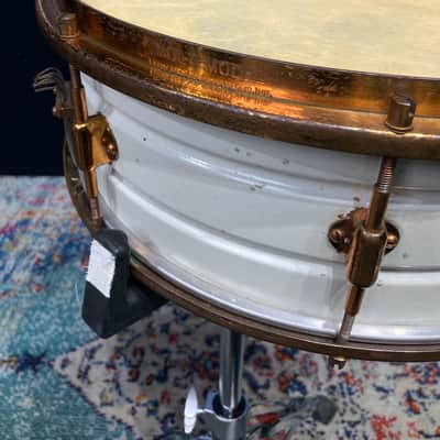 Leedy - 14x5" 8-Lug Multi-Model Snare Drum - White Lacquered Brass with Gold Hardware. 1920s image 4