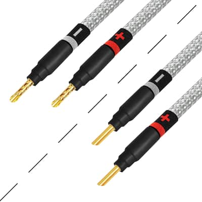 8 Foot Ultimate - 9 AWG - Ultra-Pure OFC - Premium Audiophile HiFi Speaker Cable Pair with Eminence Gold Banana Plugs & Silver Tweed Jacket image 1