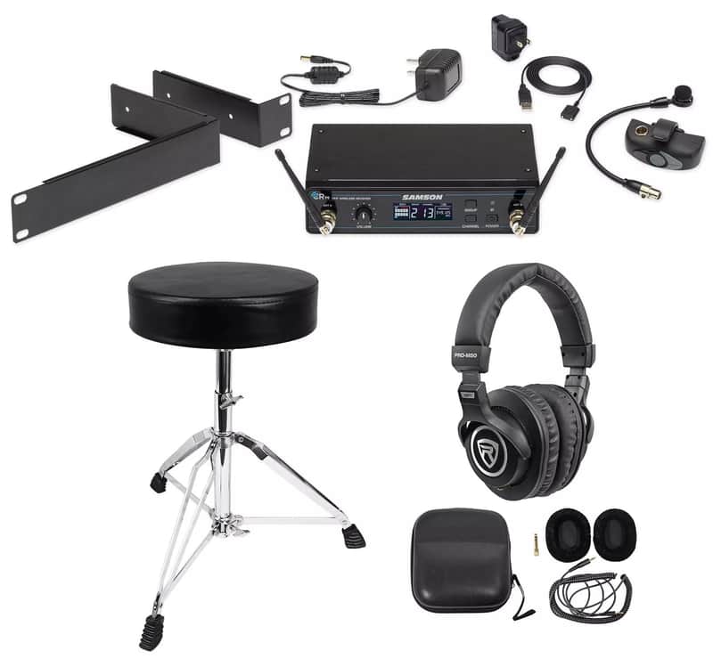 Samson AWX Wireless Horn Microphone System – Wind Instrument Mic + Studio Headphones + Adjustable Drum Throne image 1