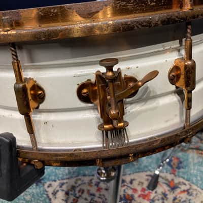 Leedy - 14x5" 8-Lug Multi-Model Snare Drum - White Lacquered Brass with Gold Hardware. 1920s image 9