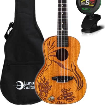 Luna Coral Uke Solid Mahogany Concert Ukulele w/ Etched Fish, Gig Bag, and Tuner image 1