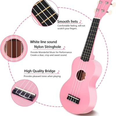 Soprano Ukulele 21 Inch Basswood Ukeleles for Beginners Four Strings Hawaiian Guitar Saint Patrick's Day Ukulele for Adults Teenagers Pink image 3