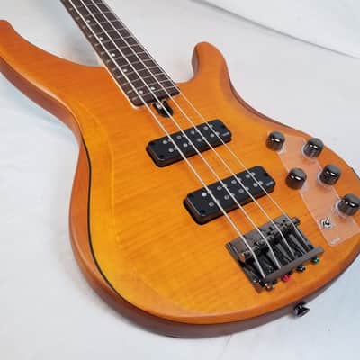 Yamaha TRBX604FM Flame Top 4 String Electric Bass, 3-Band Active EQ , Matte Amber image 6