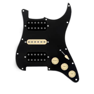 920D Custom HSH Loaded Pickguard for Stratocaster With Uncovered Smoothie Humbuckers, Aged White Texas Vintage Pickups, Black Pickguard, and S5W-HSH Wiring Harness
