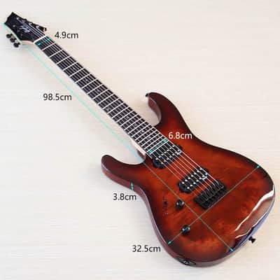 Custom Left Handed 7 String Electric Guitar, Burl Wood Top Body, Maple Neck image 8