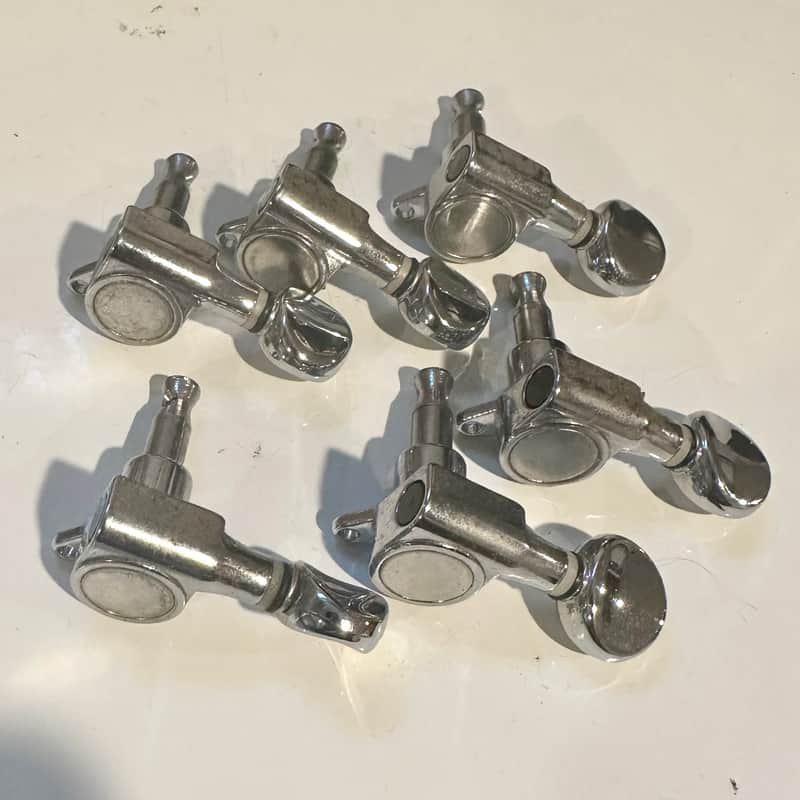 H.C. 6-in-line right handed guitar tuners 1/4” tuning machines pegs 80s-90s - Chrome image 1