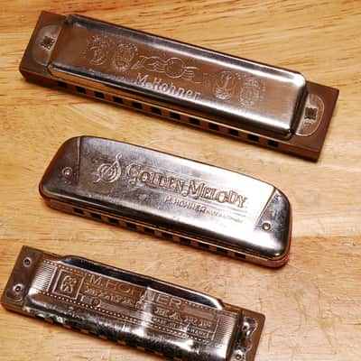 3 Vintage M Hohner Harmonicas Marine Band, Golden Melody & Blues Harp Keys G/C/G image 7